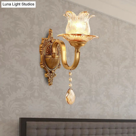 Vintage Brass Floral Sconce Light Fixture With Clear Prismatic Glass - Led Wall Mounted Lamp For
