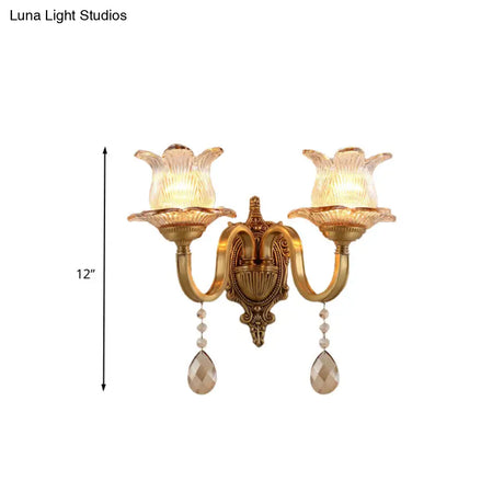 Vintage Brass Floral Sconce Light Fixture With Clear Prismatic Glass - Led Wall Mounted Lamp For