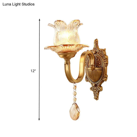 Vintage Brass Floral Sconce Light Fixture With Clear Prismatic Glass - Led Wall Mounted Lamp For