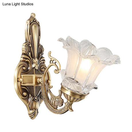 Vintage Brass Floral Wall Lamp With Fluted Glass And Curved Arm Sconce Lighting For Living Room