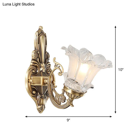 Vintage Brass Floral Wall Lamp With Fluted Glass And Curved Arm Sconce Lighting For Living Room