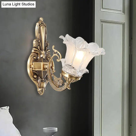 Vintage Brass Floral Wall Lamp With Fluted Glass And Curved Arm Sconce Lighting For Living Room