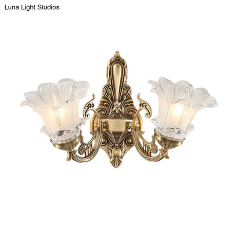 Vintage Brass Floral Wall Lamp With Fluted Glass And Curved Arm Sconce Lighting For Living Room