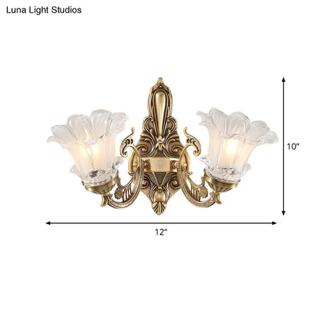 Vintage Brass Floral Wall Lamp With Fluted Glass And Curved Arm Sconce Lighting For Living Room