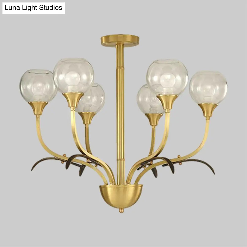 Vintage Brass Flushmount Chandelier With Clear Glass 3/6 Heads - Perfect For Sitting Rooms