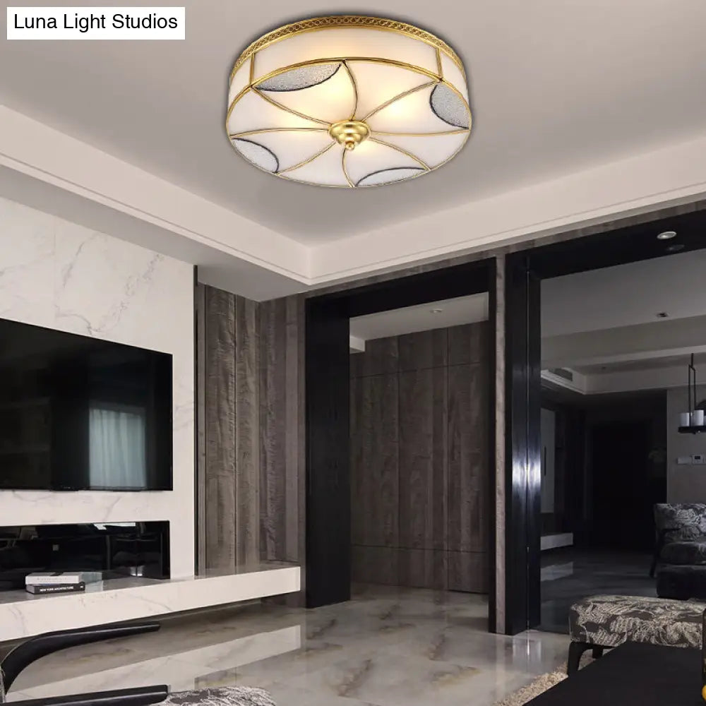 Vintage Brass Flushmount Light With Frosted Glass - 4 Lights Round Ceiling Mount For Living Room