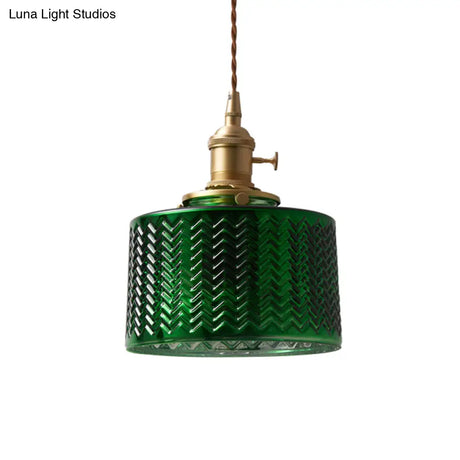 Vintage Brass Green Glass Pendant Light With Rotary Switch