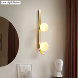Vintage Brass Linear Wall Light With Orb Ivory Glass Shade - Metallic Sconce Lamp (2-Head Fixture)