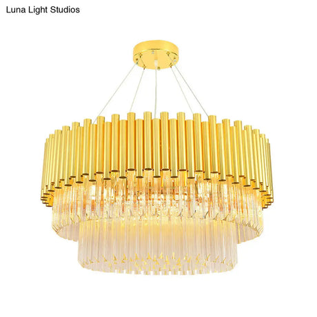 Vintage Brass Metal Chandelier With Crystal Block Round Shade Pendant Lamp - Multi-Light