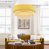 Vintage Brass Metal Chandelier With Crystal Block Round Shade Pendant Lamp - Multi-Light