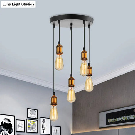 Vintage Brass Pendant Light With Exposed Bulbs And Adjustable Cord - 3/5 Lights Round/Linear Canopy