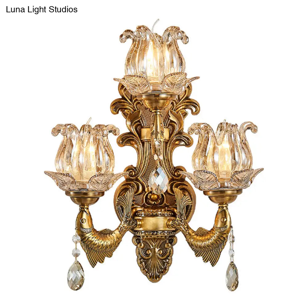 Vintage Brass Sconce Light Fixture With Flower Clear Glass Shade - 3-Head Wall For Living Room