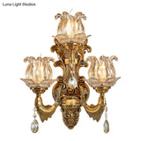 Vintage Brass Sconce Light Fixture With Flower Clear Glass Shade - 3-Head Wall For Living Room