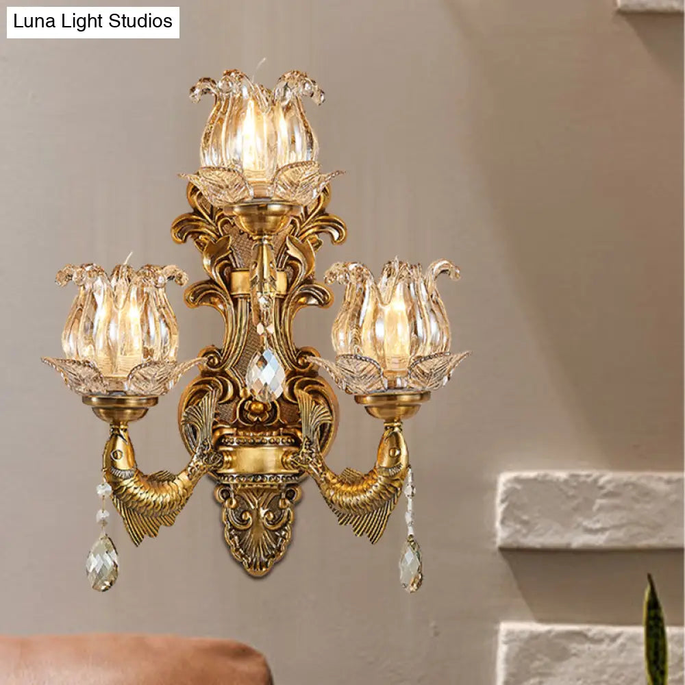 Vintage Brass Sconce Light Fixture With Flower Clear Glass Shade - 3-Head Wall For Living Room