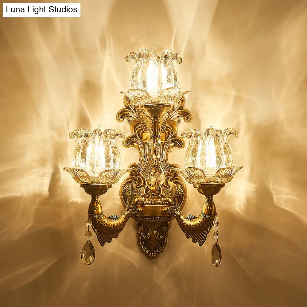 Vintage Brass Sconce Light Fixture With Flower Clear Glass Shade - 3-Head Wall For Living Room