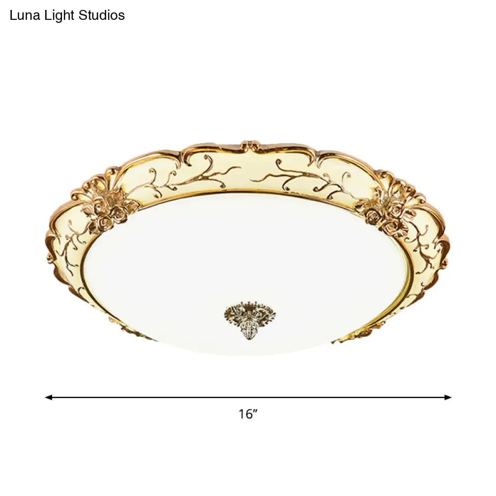 Vintage Brass Scroll Floral Trim Opal Glass Flushmount Led Ceiling Light For Bedroom -