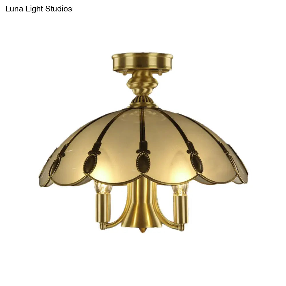 Vintage Brass Sheep/Oval Ceiling Light Fixture - 5 Bulbs Mouth Blown Opal Glass Semi Flush Mount
