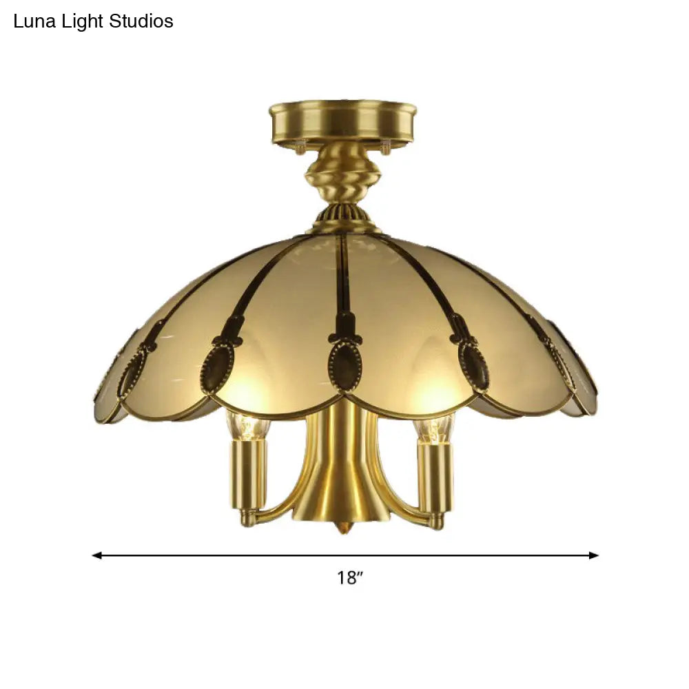 Vintage Brass Sheep/Oval Ceiling Light Fixture - 5 Bulbs Mouth Blown Opal Glass Semi Flush Mount