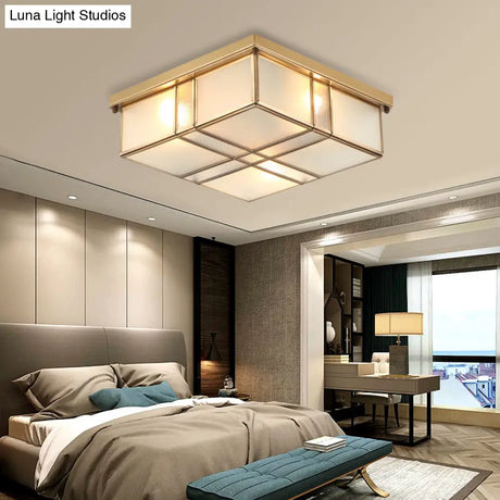 Vintage Brass Square Flush Mount Light With Frosted Glass Shades - Perfect For Bedrooms And Hallways