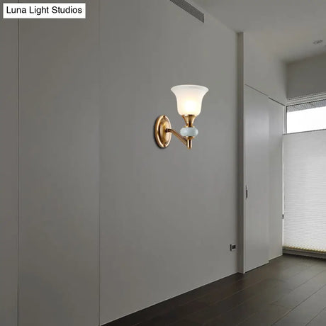 Vintage Brass Wall Light With Frosted Glass Bell Shade Half-Head Lighting For Bedroom