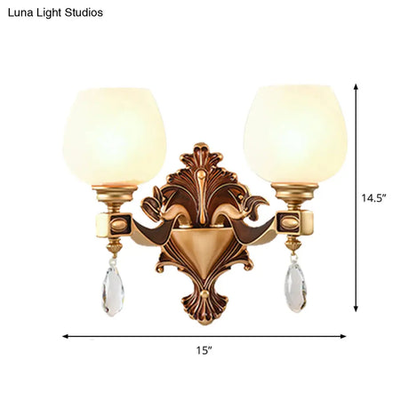 Vintage Brass Wall Light With Milky Glass And Crystal Accents