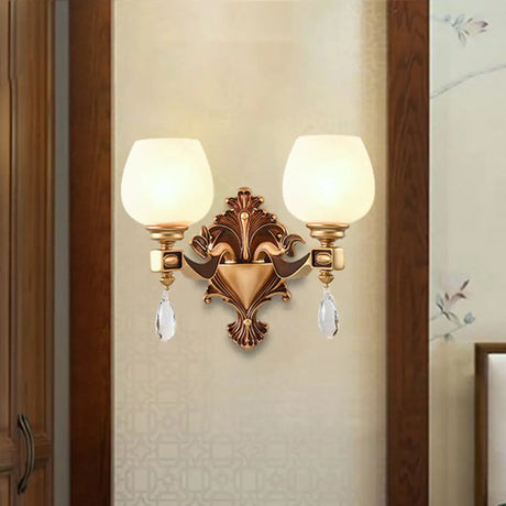 Vintage Brass Wall Light With Milky Glass And Crystal Accents 2 /
