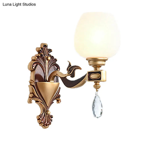 Vintage Brass Wall Light With Milky Glass And Crystal Accents