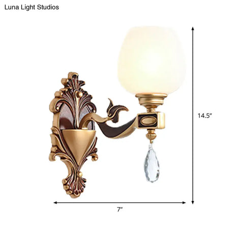 Vintage Brass Wall Light With Milky Glass And Crystal Accents