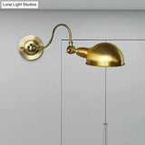 Vintage Brass Wall Sconce Light With Metallic Dome Shade And Gooseneck Arm