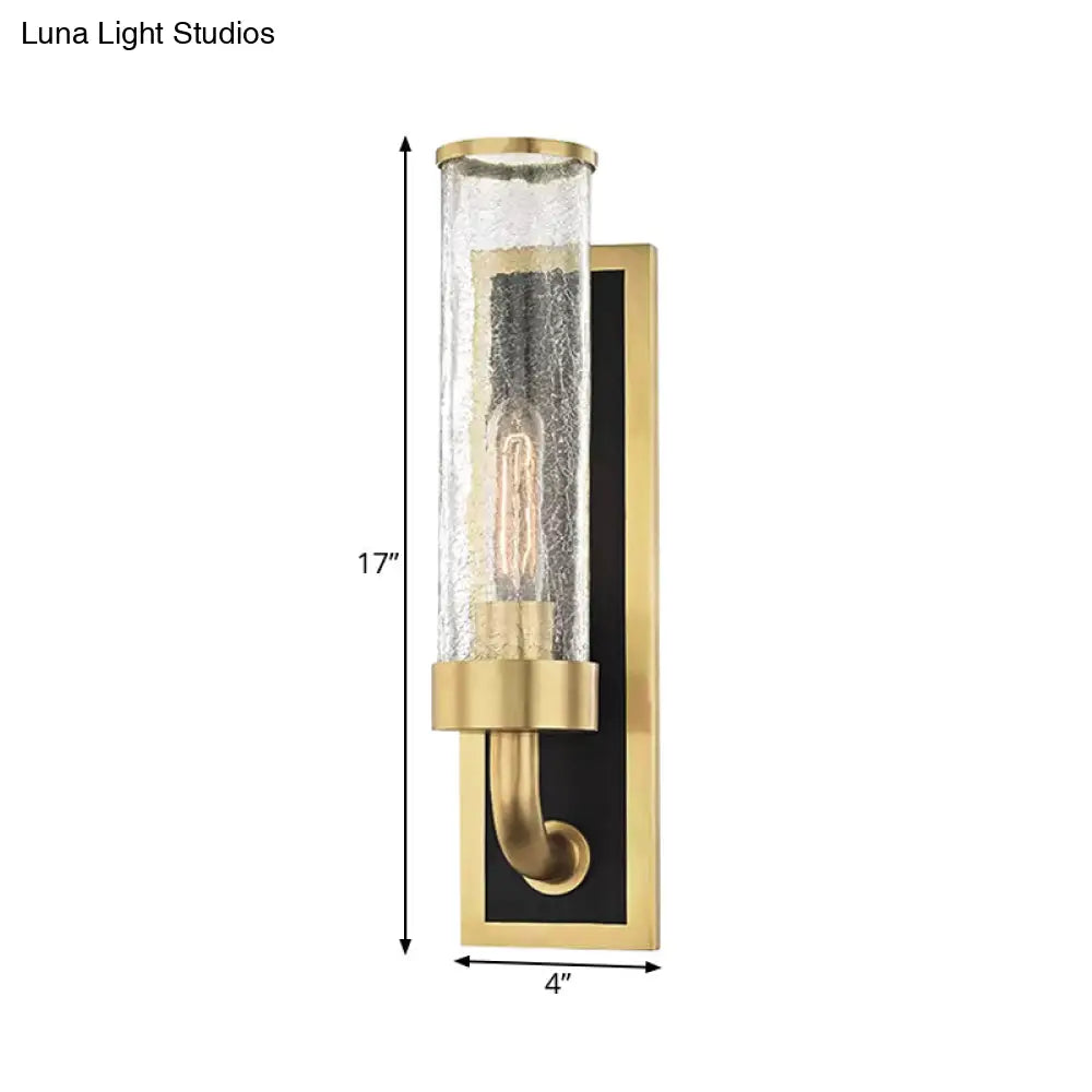 Vintage Brass Wall Sconce With Clear Crackle Glass Shade - Metal Tube Lighting For Dining Room (1/2