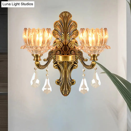Vintage Brass Wall Sconce With Clear Glass Shade - Mid Century Flower Design 1/2-Light Mount Lamp