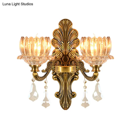 Vintage Brass Wall Sconce With Clear Glass Shade - Mid Century Flower Design 1/2-Light Mount Lamp