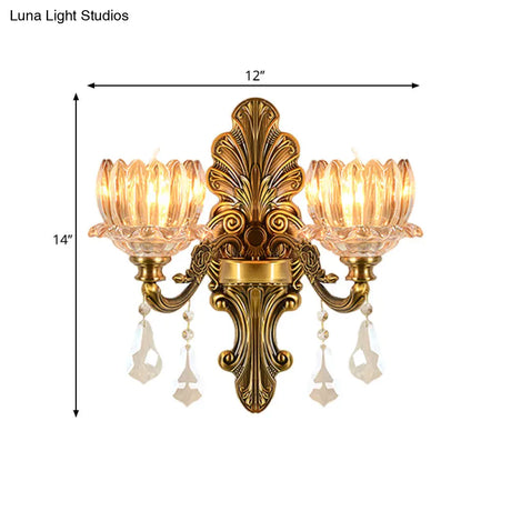 Vintage Brass Wall Sconce With Clear Glass Shade - Mid Century Flower Design 1/2-Light Mount Lamp