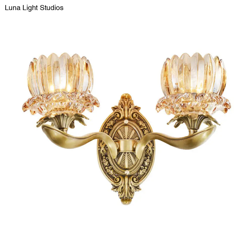 Vintage Brass Wall Sconce With Crystal Flower Shade For Elegant Living Room Lighting