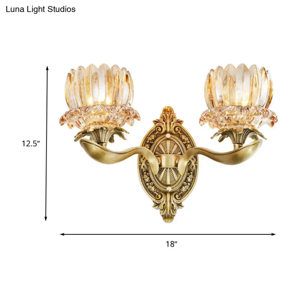 Vintage Brass Wall Sconce With Crystal Flower Shade For Elegant Living Room Lighting