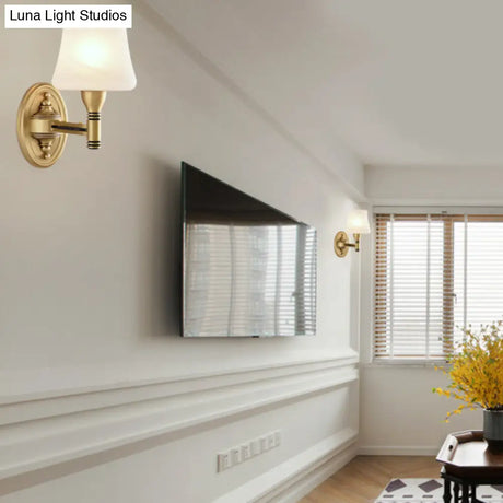Vintage Brass Wall Sconce With Milk Glass Cone Shade For Bedroom
