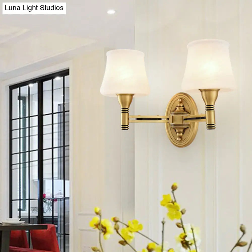 Vintage Brass Wall Sconce With Milk Glass Cone Shade For Bedroom