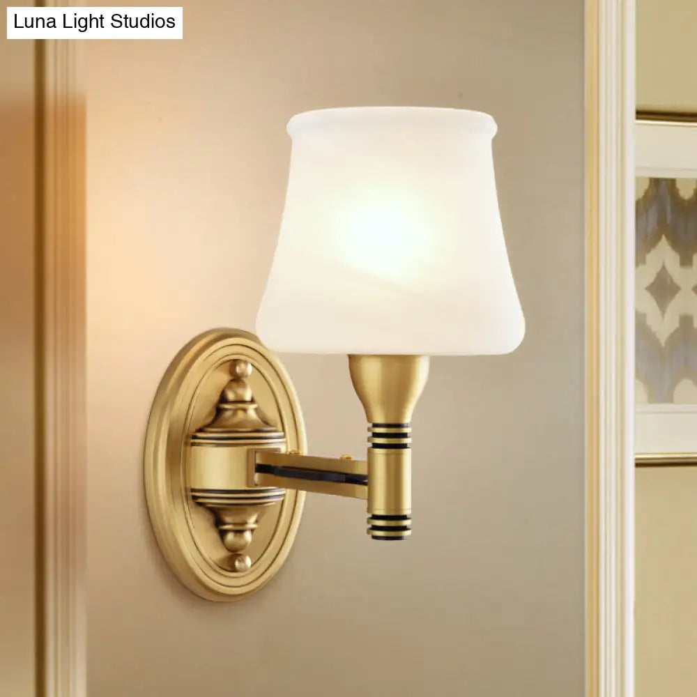 Vintage Brass Wall Sconce With Milk Glass Cone Shade For Bedroom