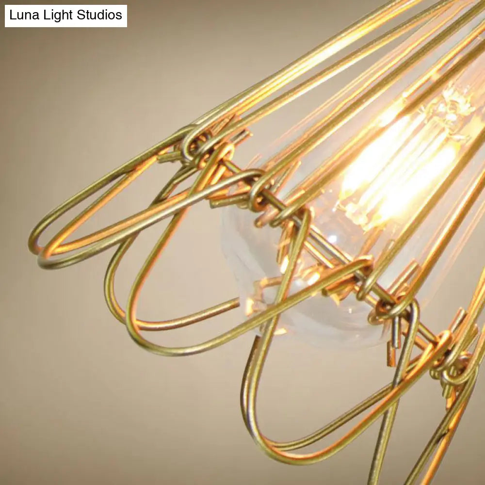 Vintage Brass Wire Frame Pendant Lamp W/ Ruffled Edge - Metallic 1-Light Hanging Light For Living