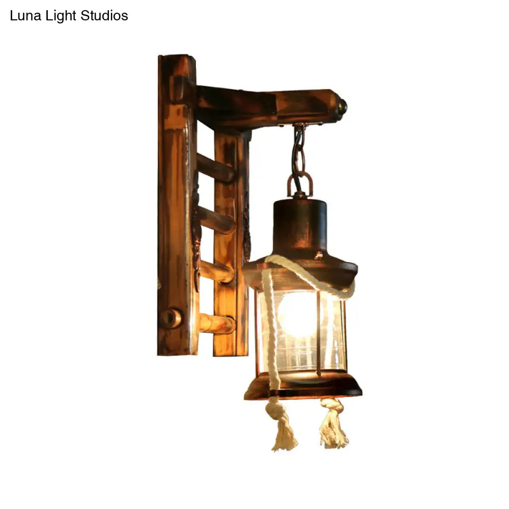 Vintage Bronze Kerosene Wall Lamp With Clear Glass Sconce For Indoor - Bamboo Backplate 1 Light