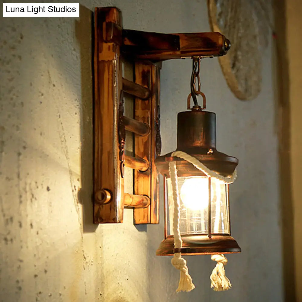 Vintage Bronze Kerosene Wall Lamp With Clear Glass Sconce For Indoor - Bamboo Backplate 1 Light