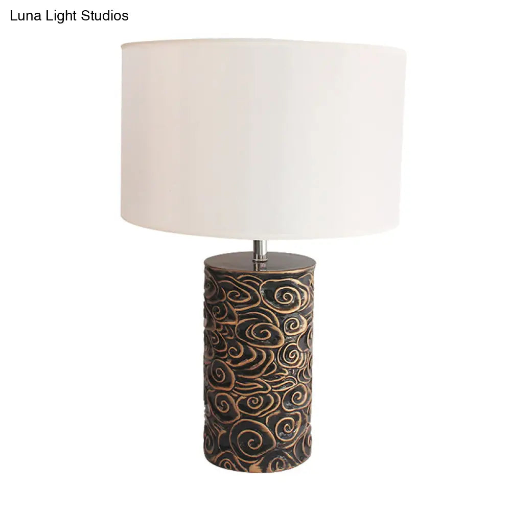 Vintage Bronze Resin Table Lamp With Scroll Patterned Pillar And Round Fabric Shade - Bedroom Night