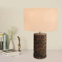 Vintage Bronze Resin Table Lamp With Scroll Patterned Pillar And Round Fabric Shade - Bedroom Night