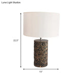 Vintage Bronze Resin Table Lamp With Scroll Patterned Pillar And Round Fabric Shade - Bedroom Night