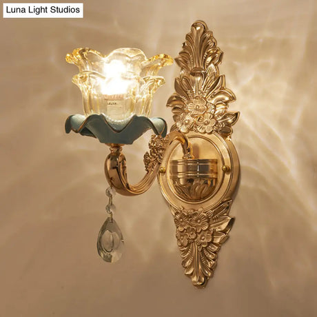 Vintage Brown Glass Floral Wall Light With Gold Ruffle And Crystal