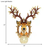 Vintage Brown Globe Wall Light - 1-Light Crystal And Metal Sconce With Deer Backplate