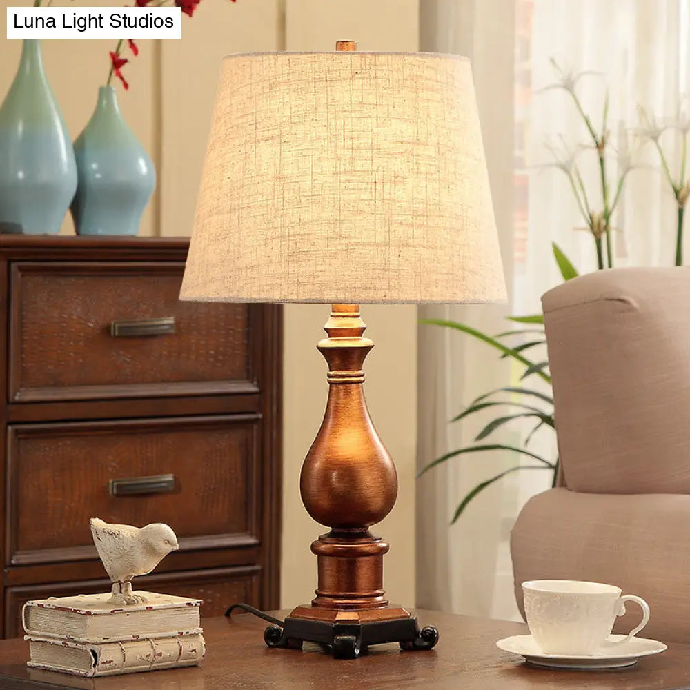 Vintage Brown Resin Vase Base Night Lamp With Tapered Fabric Shade