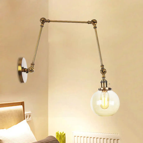 Vintage Chrome/Copper/Bronze Orb Wall Sconce Lamp - Clear/Amber Glass Adjustable Arm 1 Light Ideal