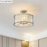Vintage Chrome Metal Frame Drum Semi Flush Mount Ceiling Light With Crystal Prism - 4 Lights