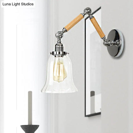 Vintage Chrome Wall Sconce With Flared Clear Prismatic Glass And Wood Arm